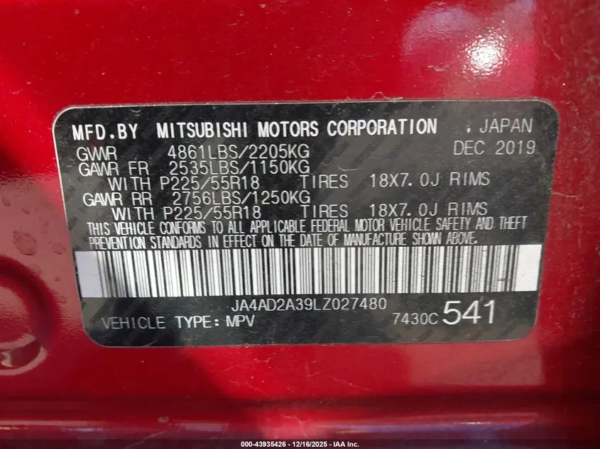 2020 MITSUBISHI OUTLANDER ES 2.4