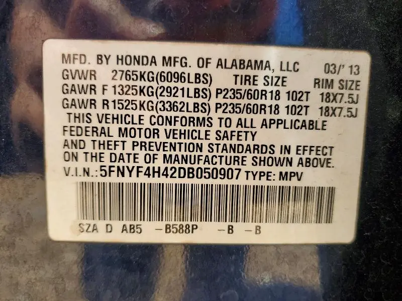 2013 HONDA PILOT EX  