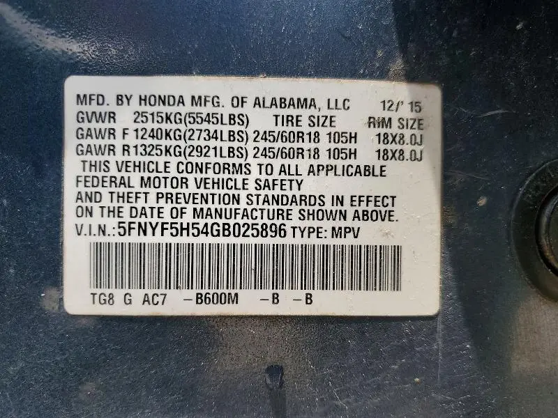 2016 HONDA PILOT EXL  