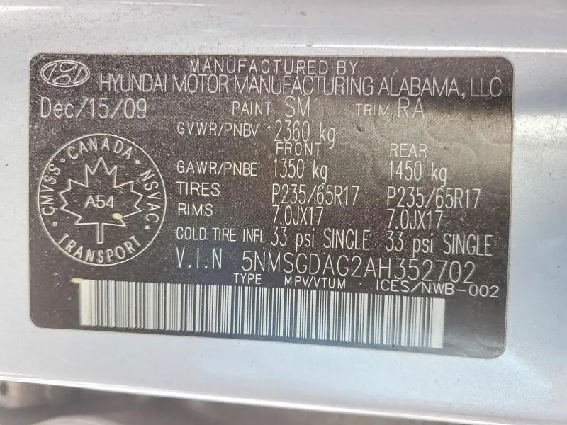 2010 HYUNDAI SANTA FE GLS  