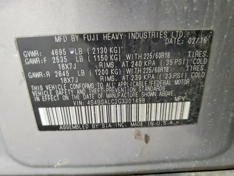 2016 SUBARU OUTBACK 2.5I LIMITED  