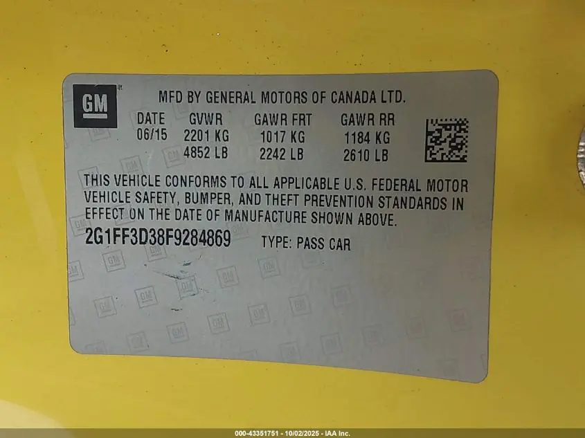 2015 CHEVROLET CAMARO 2LT