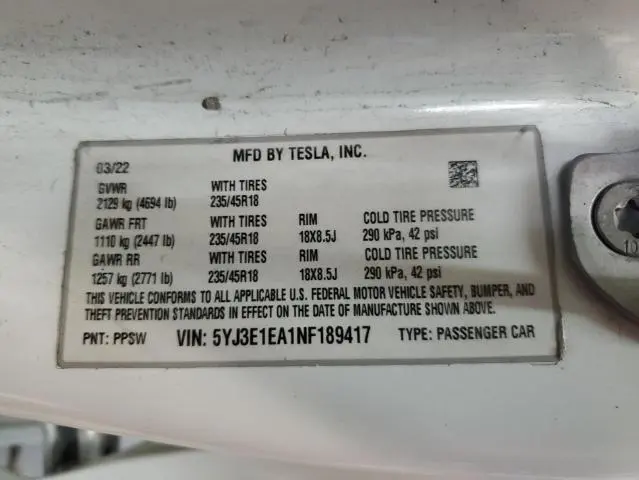 2022 TESLA MODEL 3   