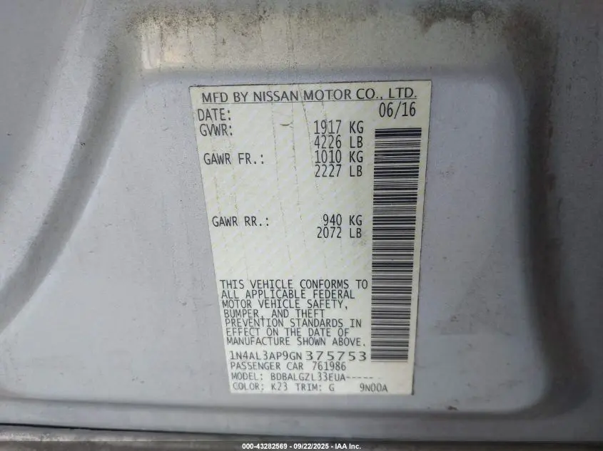 2016 NISSAN ALTIMA 2.5 S