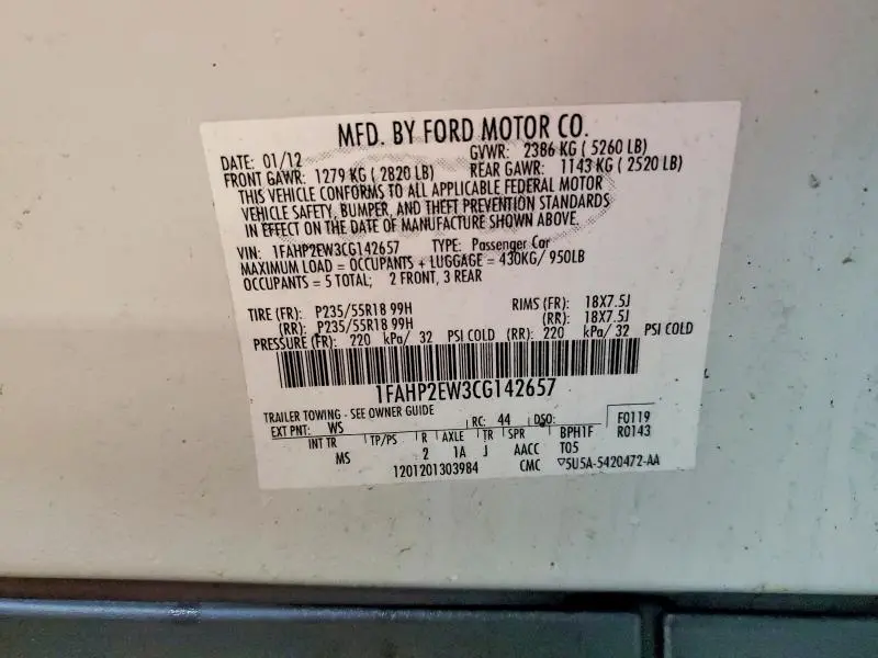 2012 FORD TAURUS SEL  