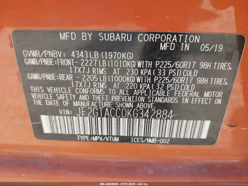 2019 SUBARU CROSSTREK 2.0I PREMIUM