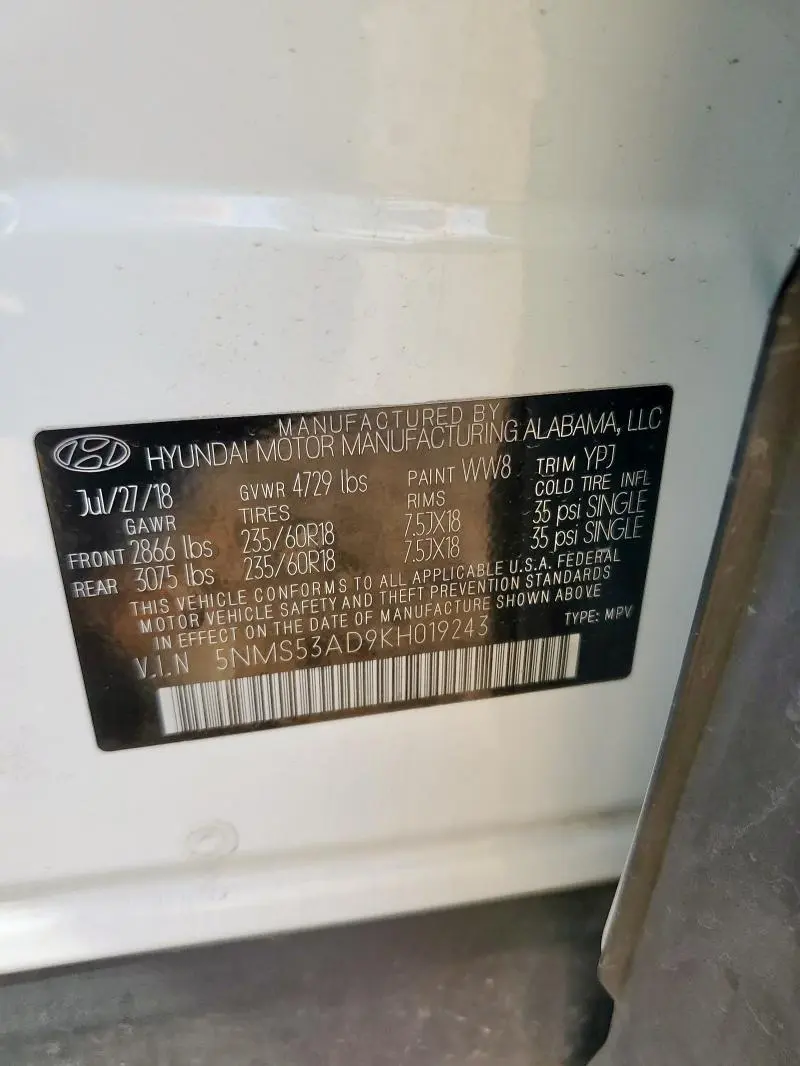 2019 HYUNDAI SANTA FE LIMITED  