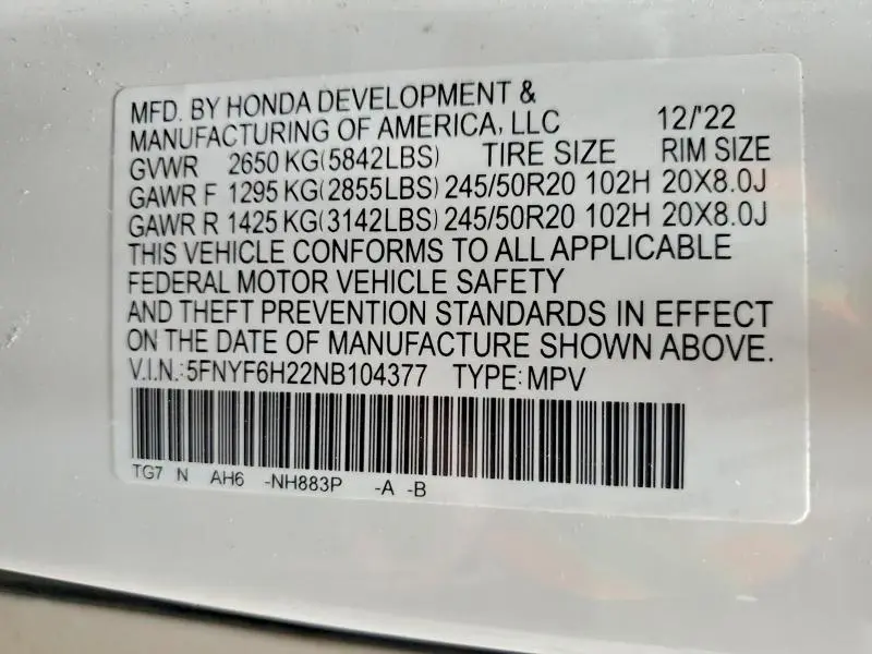 2022 HONDA PILOT SE  