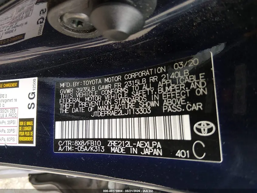 2020 TOYOTA COROLLA LE