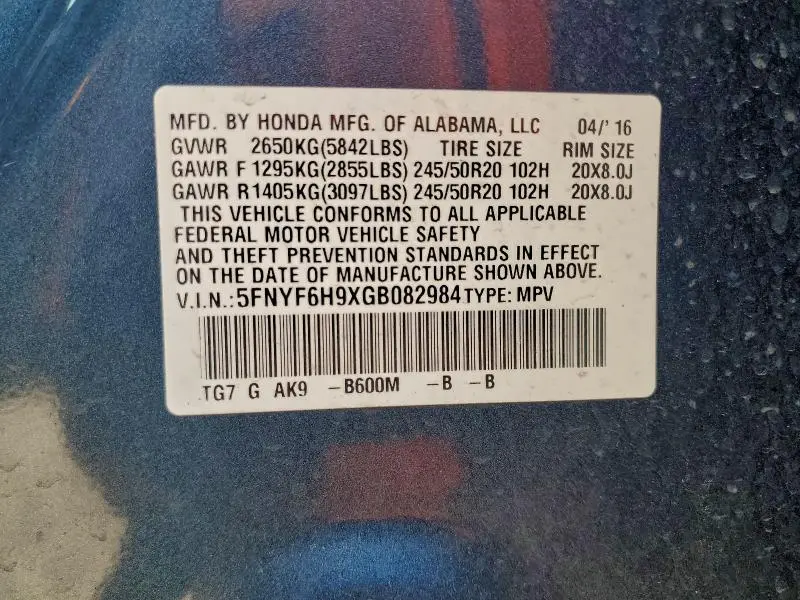 2016 HONDA PILOT TOURING  