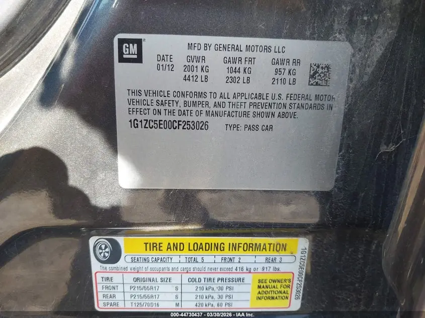 2012 CHEVROLET MALIBU 1LT
