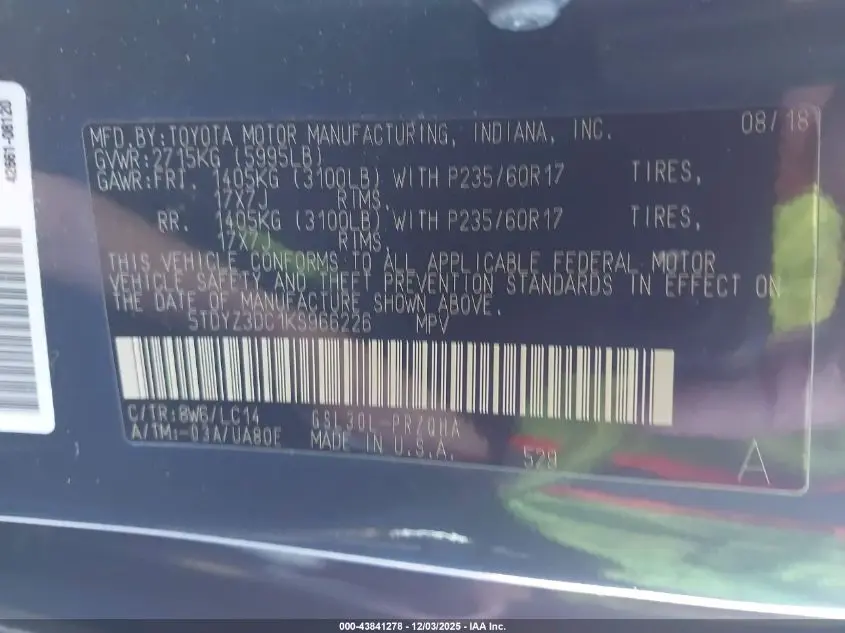 2019 TOYOTA SIENNA XLE 8 PASSENGER