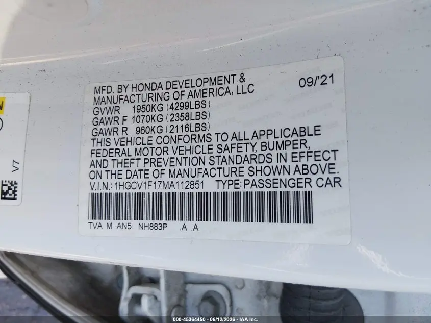 2021 HONDA ACCORD LX