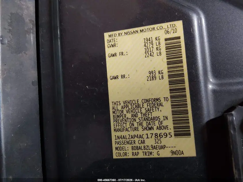 2010 NISSAN ALTIMA 2.5 S