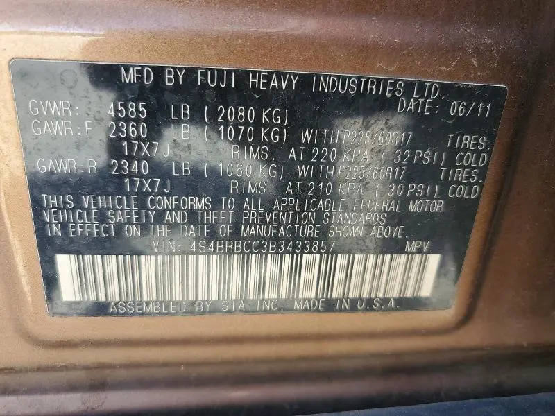 2011 SUBARU OUTBACK 2.5I PREMIUM  