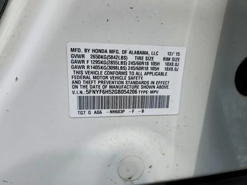 2016 HONDA PILOT EXL  