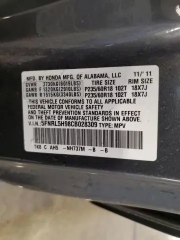2012 HONDA ODYSSEY TOURING  