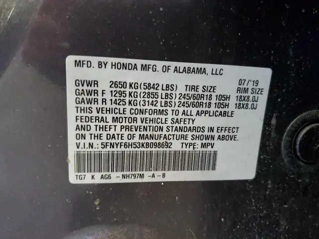 2019 HONDA PILOT EXL  