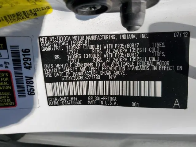 2012 TOYOTA SIENNA XLE  