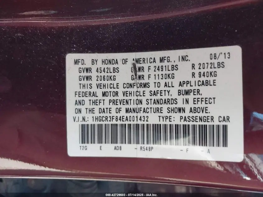 2014 HONDA ACCORD EX-L V-6