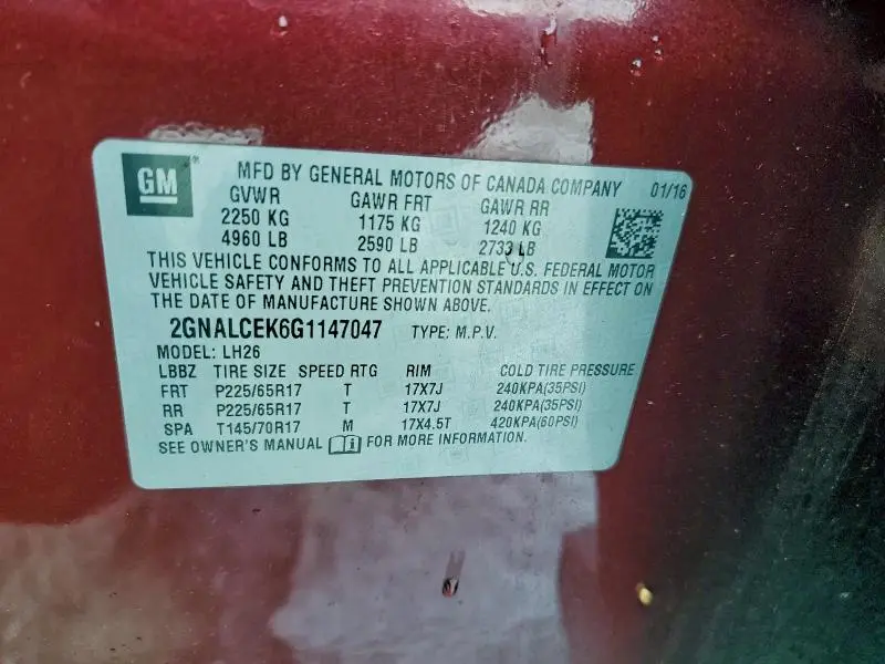 2016 CHEVROLET EQUINOX LT  