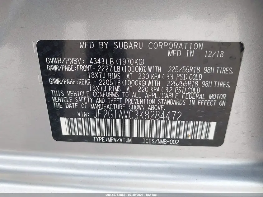 2019 SUBARU CROSSTREK 2.0I LIMITED