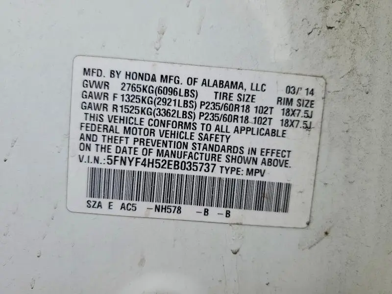 2014 HONDA PILOT EXL  