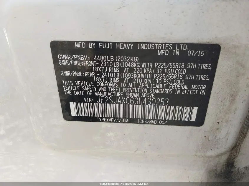 2016 SUBARU FORESTER 2.5I TOURING