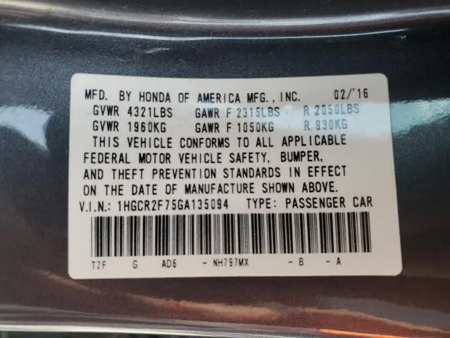 2016 HONDA ACCORD EX  