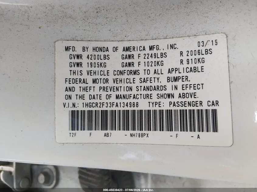 2015 HONDA ACCORD LX