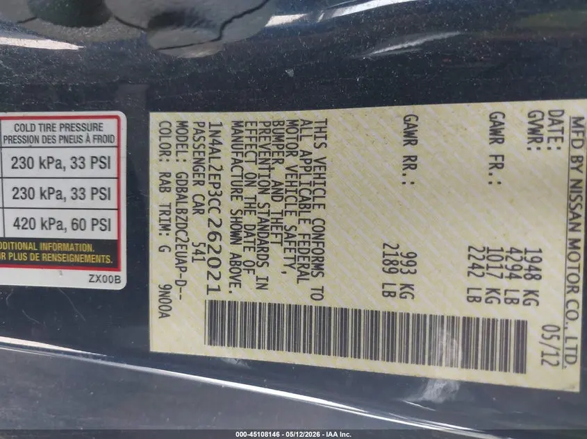 2012 NISSAN ALTIMA 2.5 S