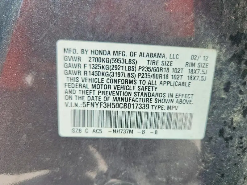 2012 HONDA PILOT EXL  
