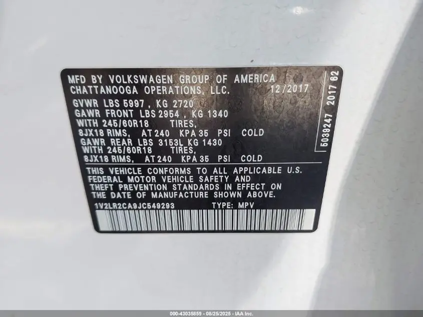 2018 VOLKSWAGEN ATLAS 3.6L V6 SE/3.6L V6 SE W/TECHNOLOGY