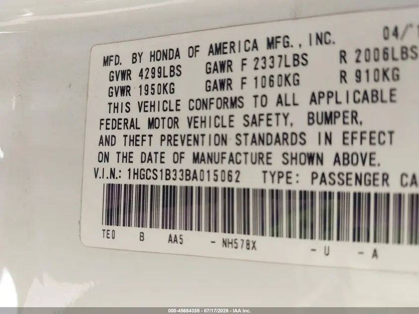2011 HONDA ACCORD 2.4 LX-S