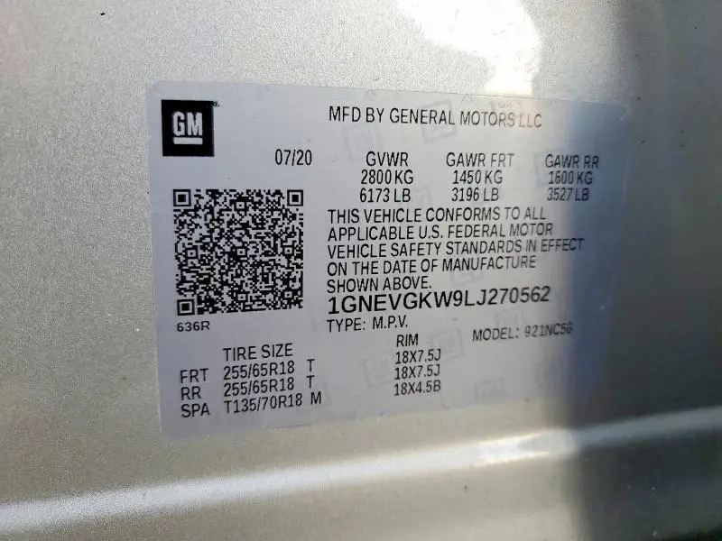 2020 CHEVROLET TRAVERSE LT  