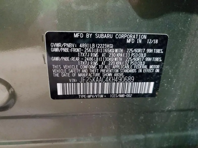 2019 SUBARU FORESTER   