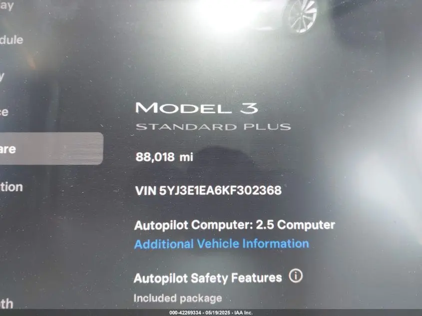 2019 TESLA MODEL 3 LONG RANGE/MID RANGE/STANDARD RANGE/STANDARD RANGE PLUS