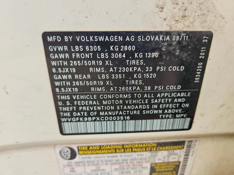 2012 VOLKSWAGEN TOUAREG V6 TDI  
