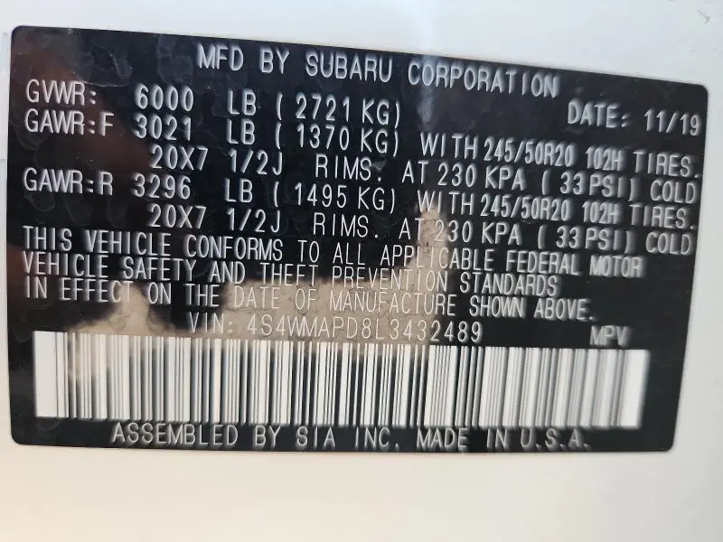 2020 SUBARU ASCENT LIMITED  