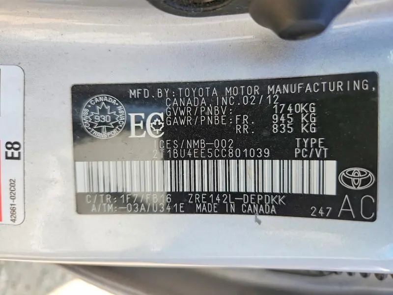 2012 TOYOTA COROLLA   