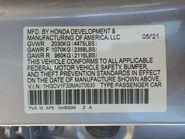2021 HONDA ACCORD SPORT  