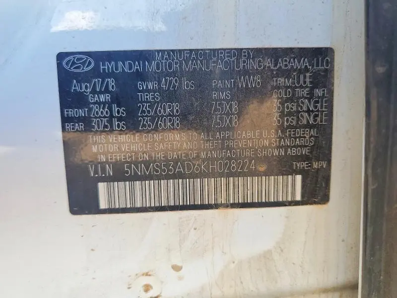 2019 HYUNDAI SANTA FE LIMITED 2.4L  