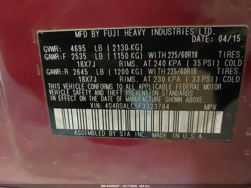 2015 SUBARU OUTBACK 2.5I LIMITED