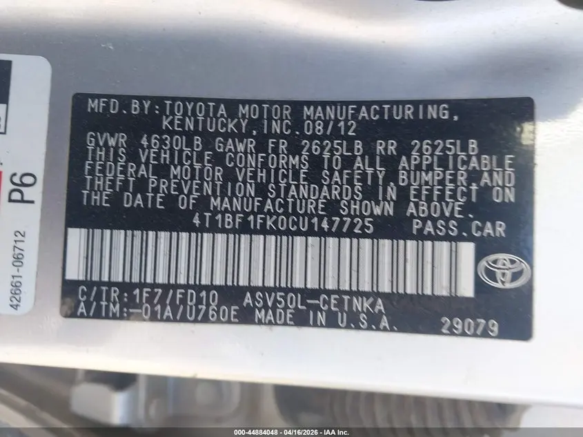 2012 TOYOTA CAMRY LE