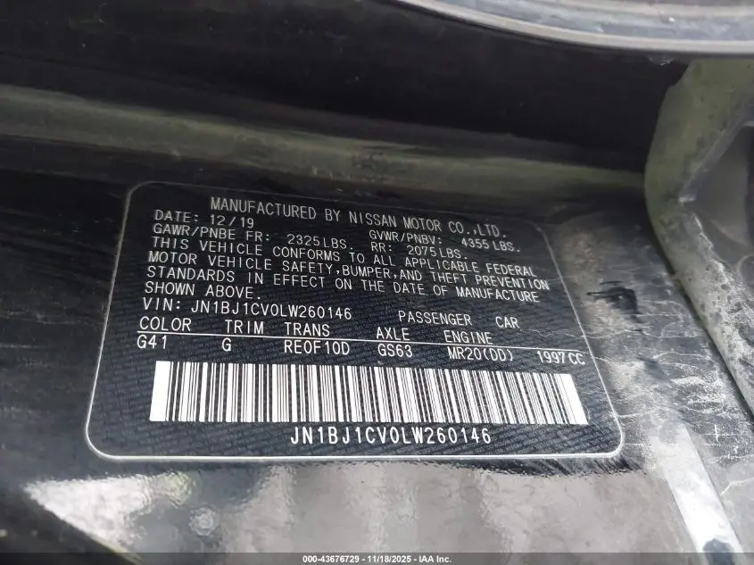 2020 NISSAN ROGUE SPORT S FWD XTRONIC CVT