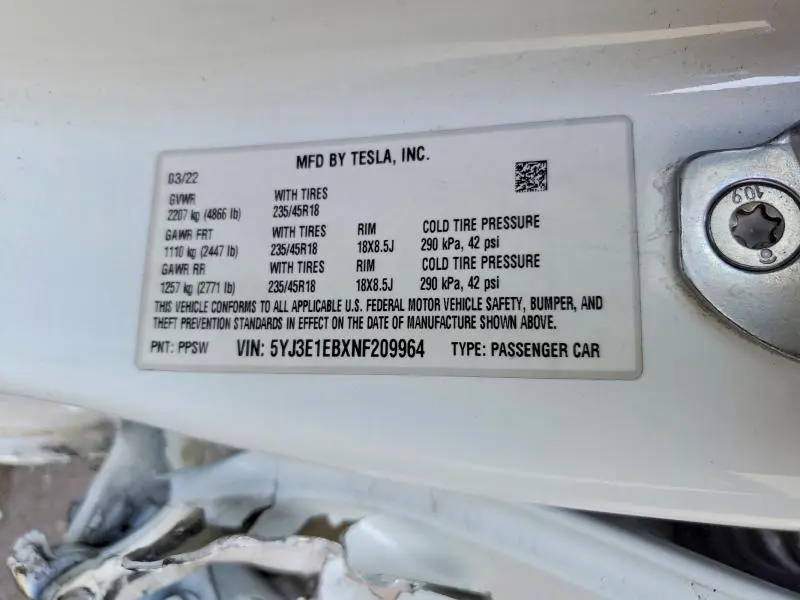 2022 TESLA MODEL 3   