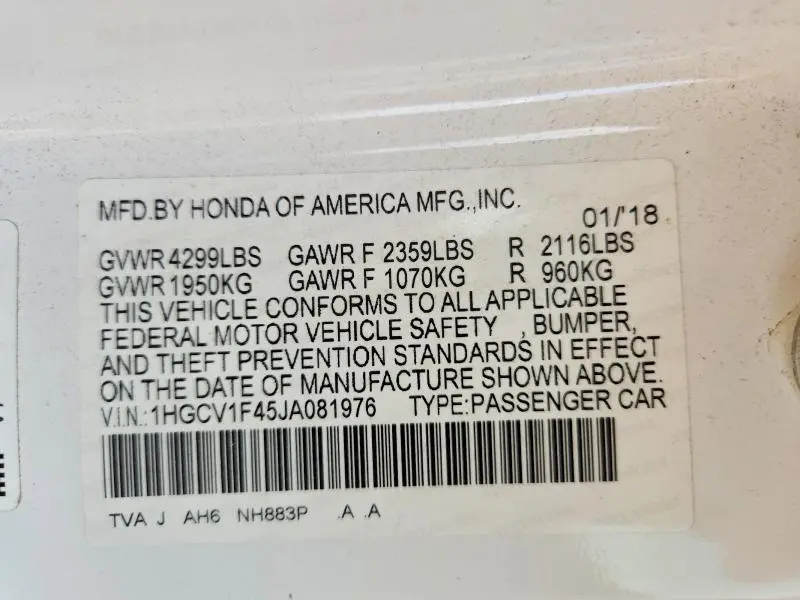 2018 HONDA ACCORD EX  