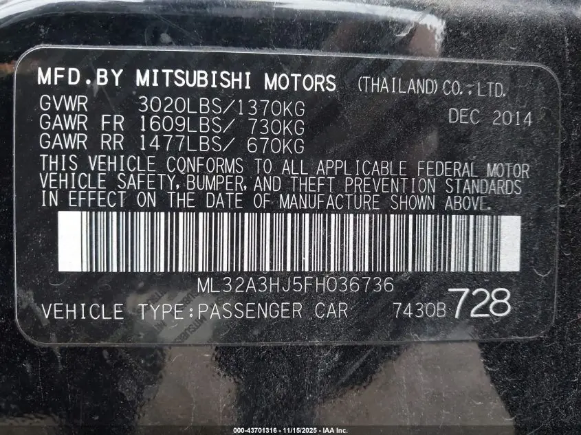 2015 MITSUBISHI MIRAGE DE/RF