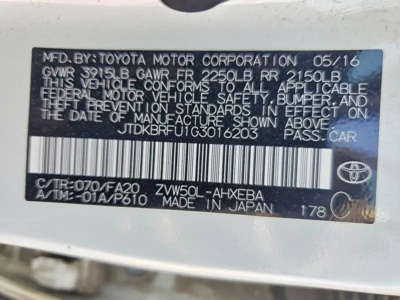 2016 TOYOTA PRIUS TWO  