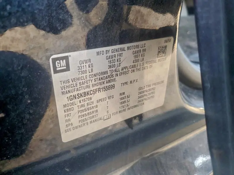 2015 CHEVROLET TAHOE K1500 LT  